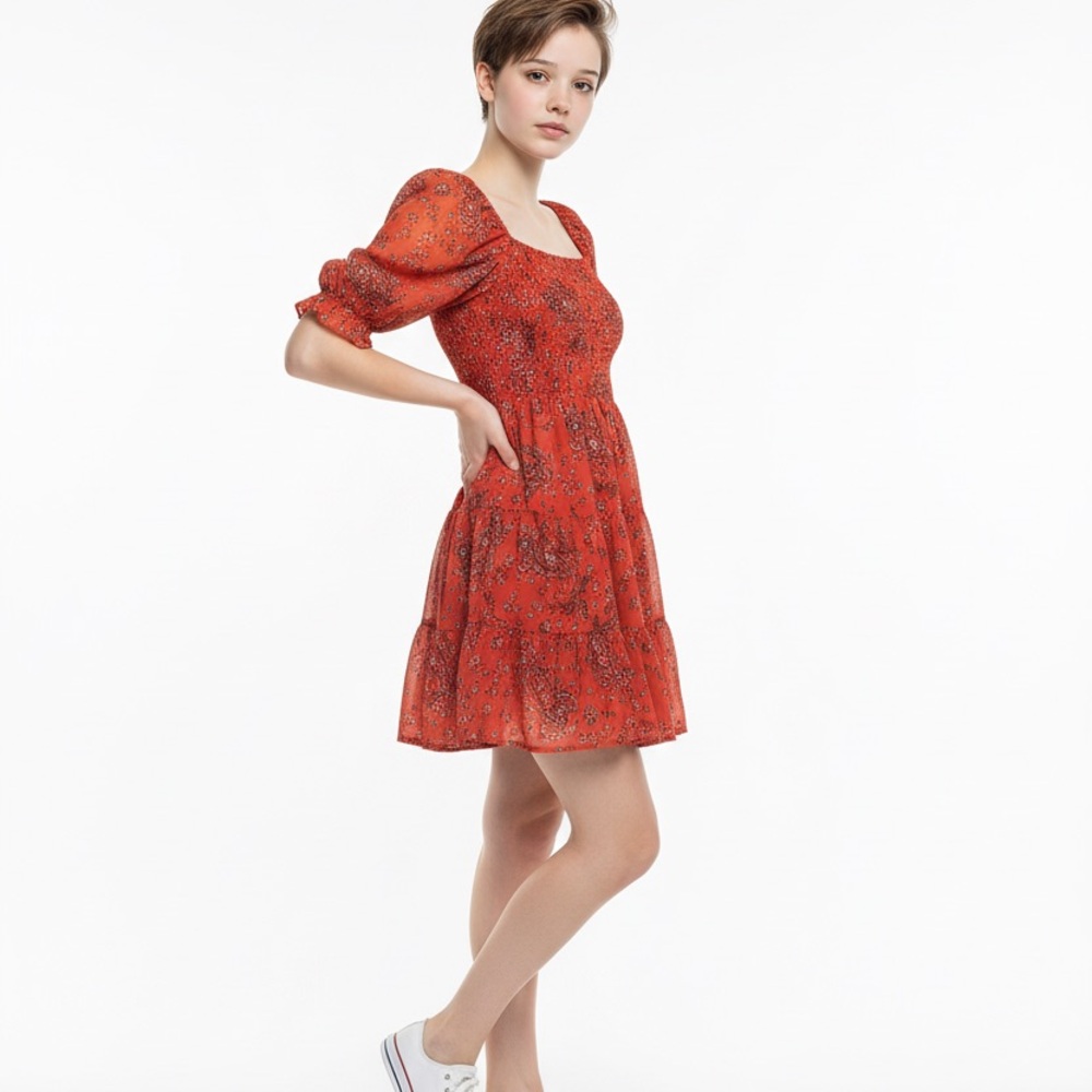 Patrons of‎ Peace Red Fall Floral Smocked Square Neck Tiered Mini Dress Size S